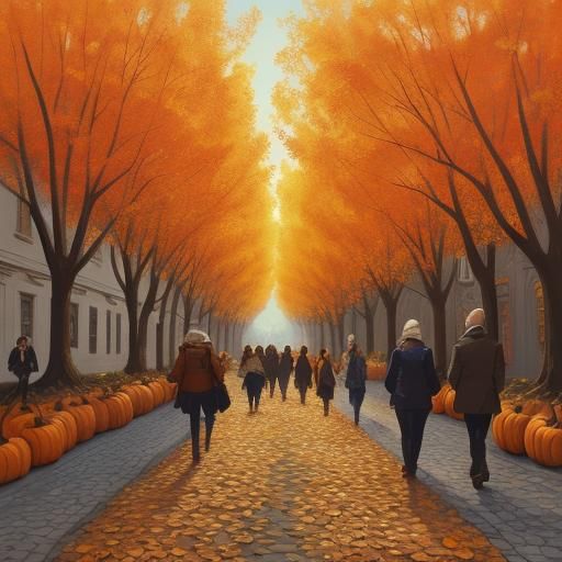 Autumnal Walkway with Pumpkins in Vibrant Oil Painting