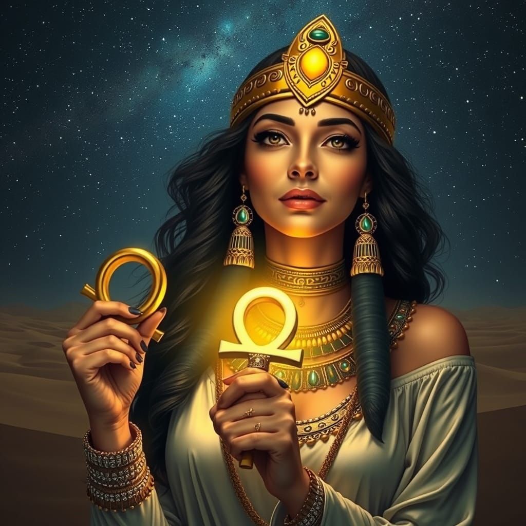 Egyptian Priestess in Ancient Desert Night