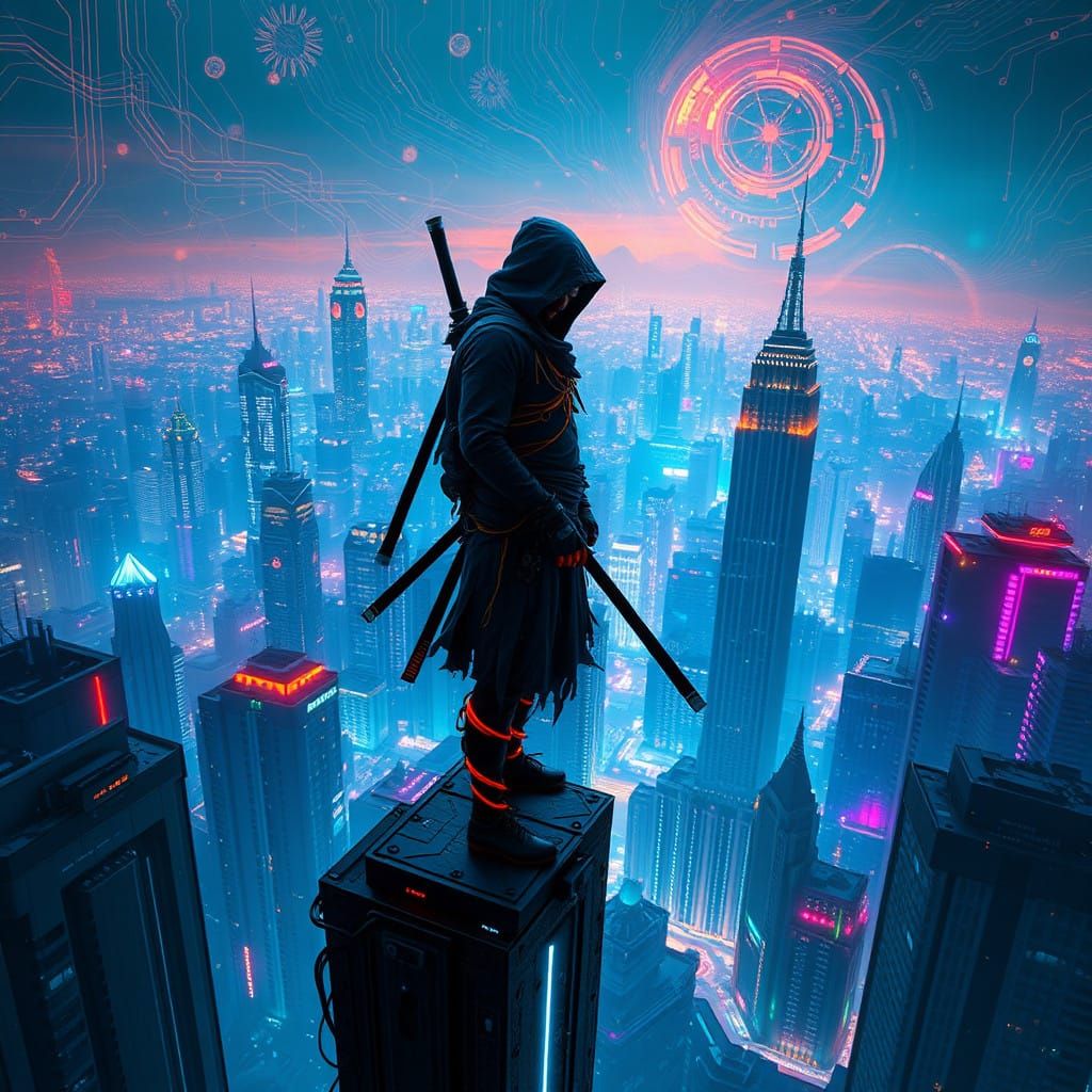 Cyberpunk Ninja on Dystopian Skyscraper Amidst Vibrant Citys...