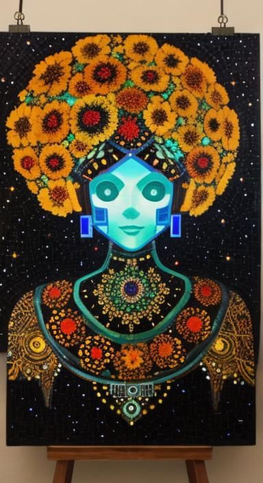 Bioluminescent Robot Zinnias in Geometric Mosaic Style