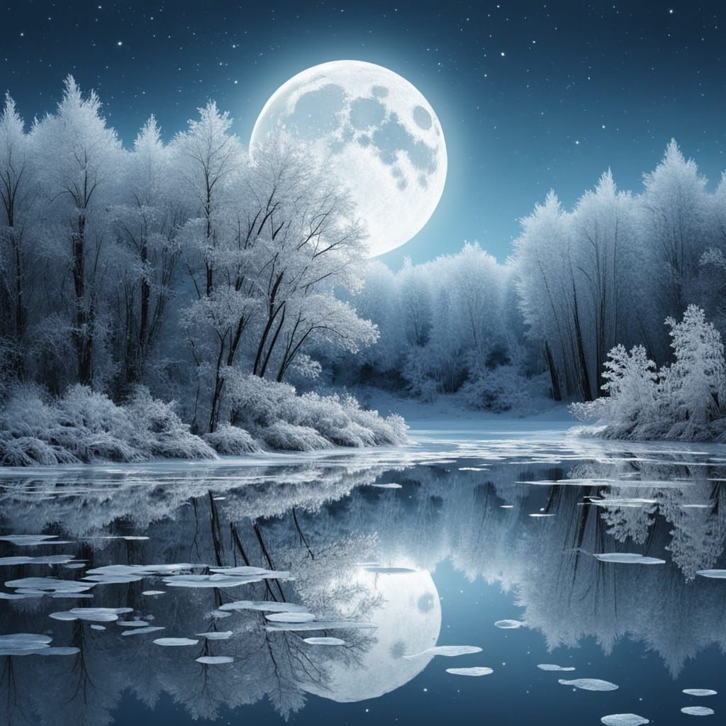 Ethereal Moonlit Lake with Sparkling Ice Flowers