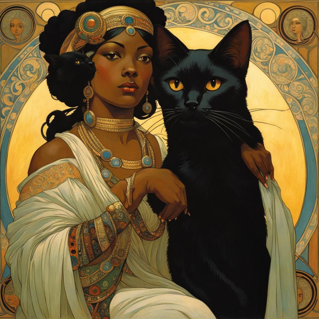 Black Cat with Women in Art Nouveau Style