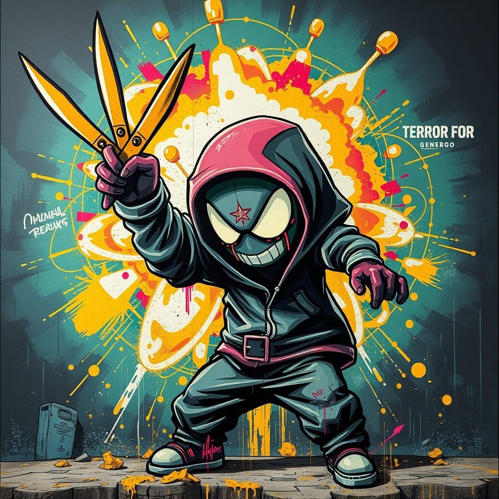 Avatar Wielding Golden Scissors Against Exploding Atom