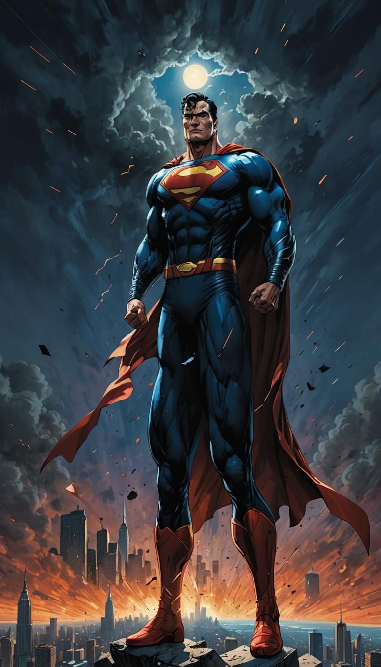 Superman Flies Through City: Digital Comic Book Art