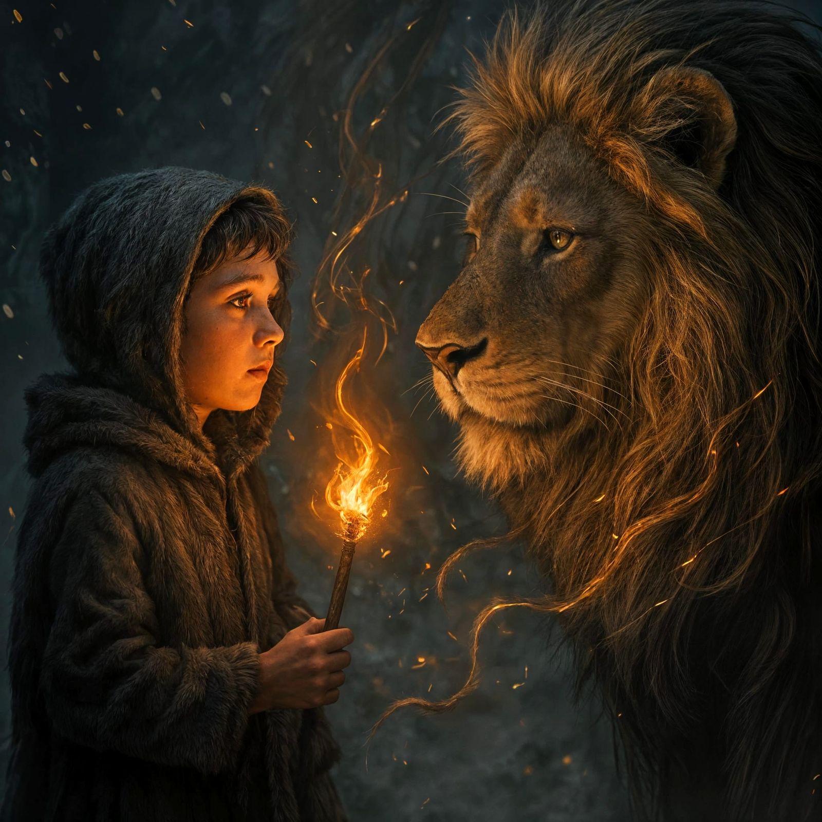 Boy with Lion in Snowy Landscape Illustration