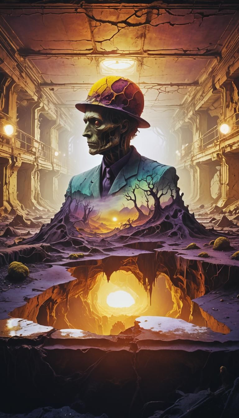 Surreal Distorted Figure in Industrial Landscape