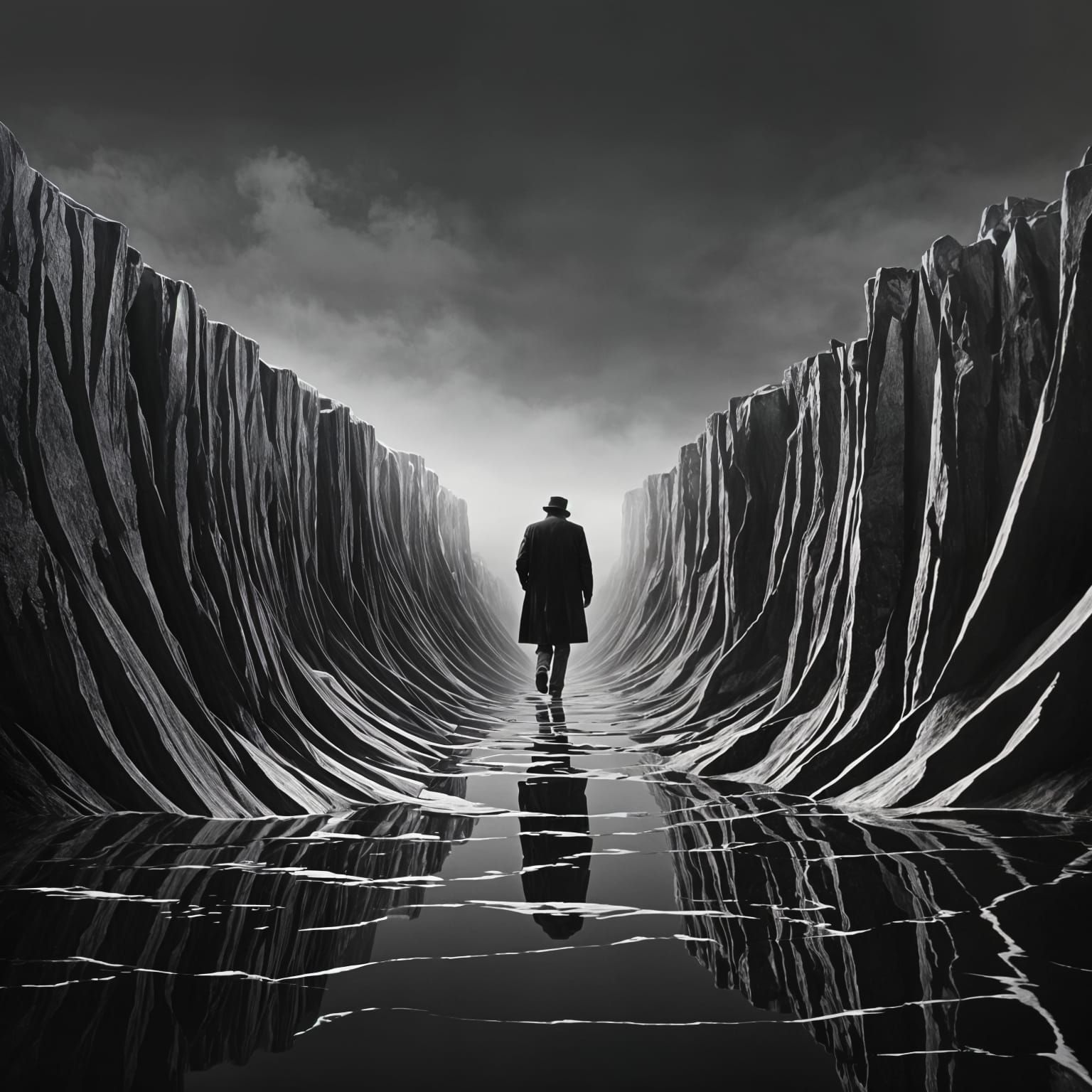 Surreal Old Man Emerges from the Void into a Black and White...