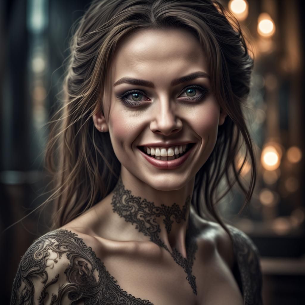 Entrancing Woman's Smile: Hyperrealistic Fantasy Portrait