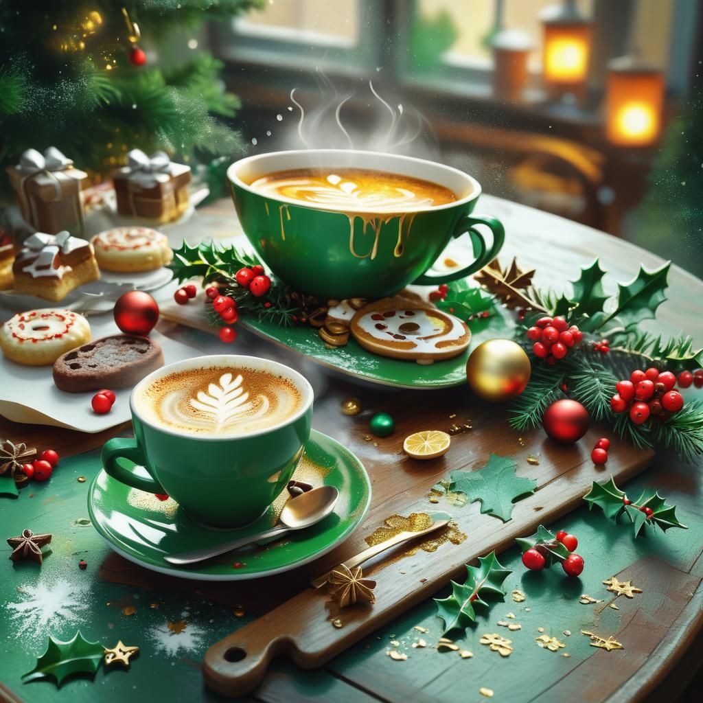 Christmas Coffee Steaming in Golden Light