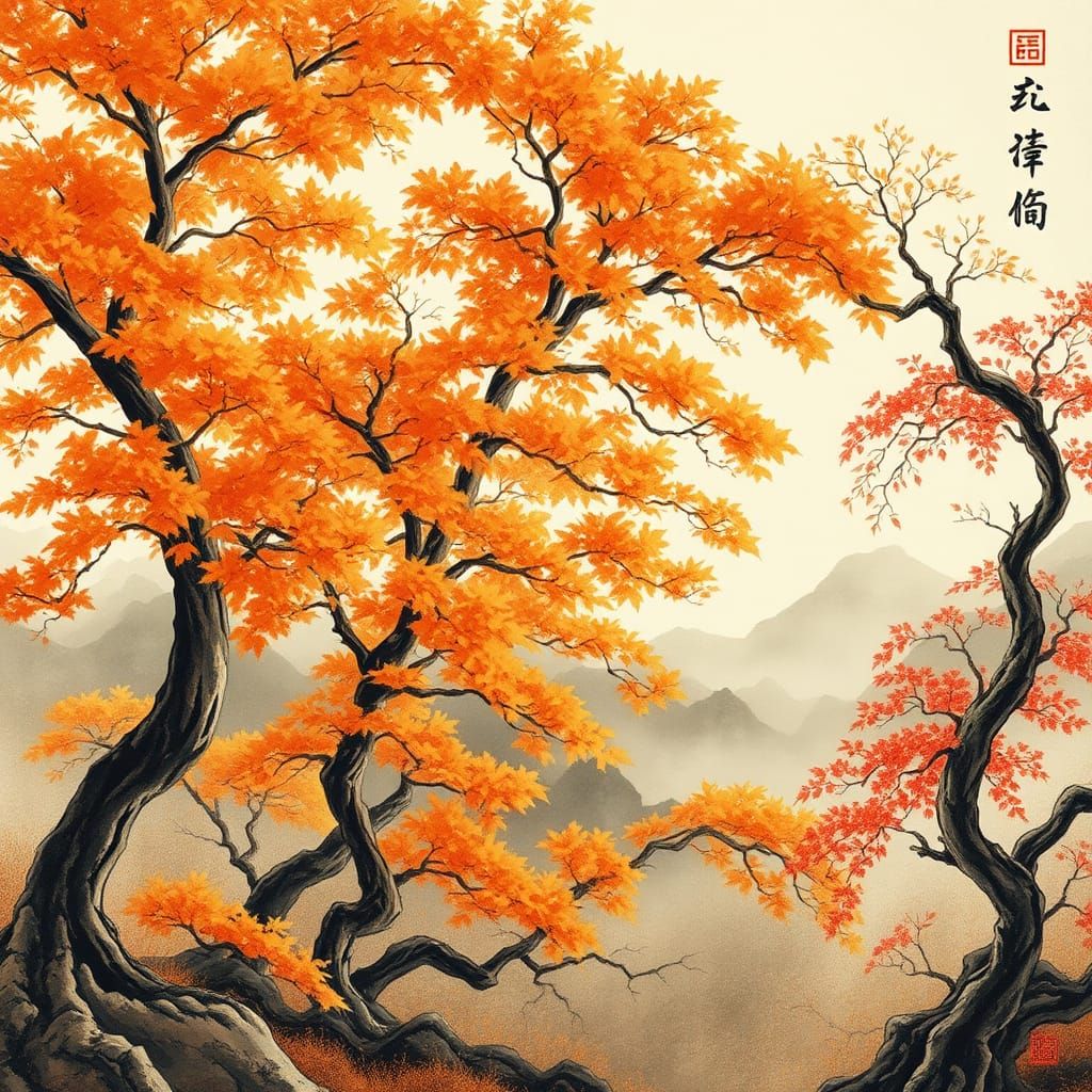 Autumnal Mountain Landscape in Chinese Painting Style