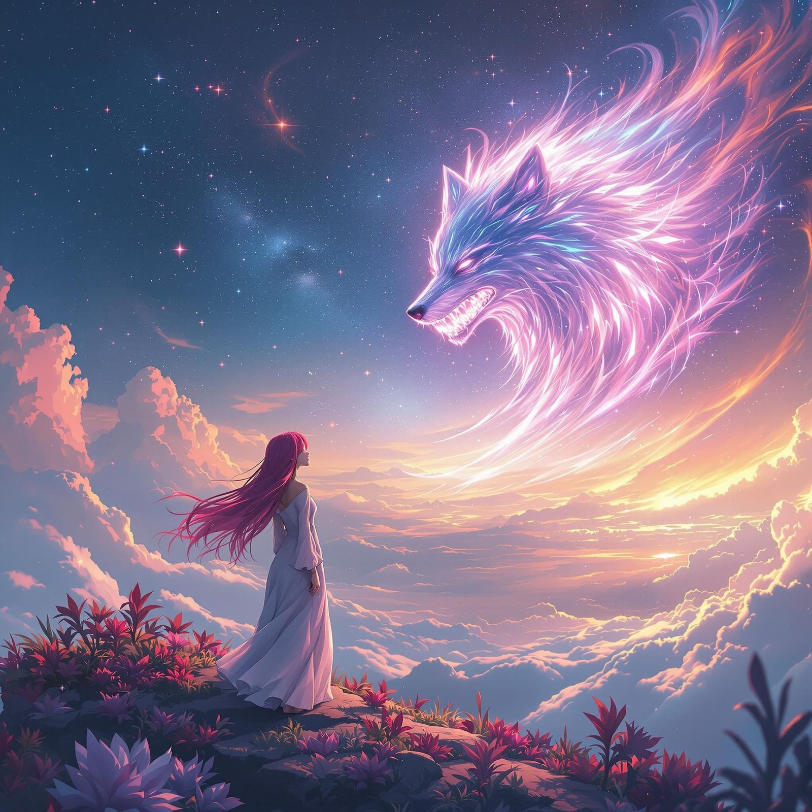 Anime Woman and Luminous Wolf on Floating Island