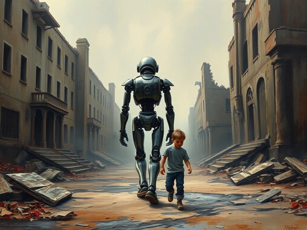 Metallic Robot Companion Walks with Young Boy in Ruin City S...
