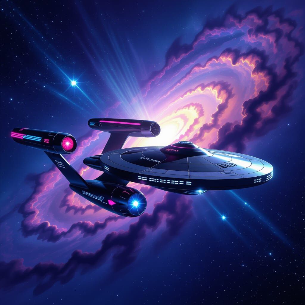 Starfleet Starship in Pink and Black Galaxy