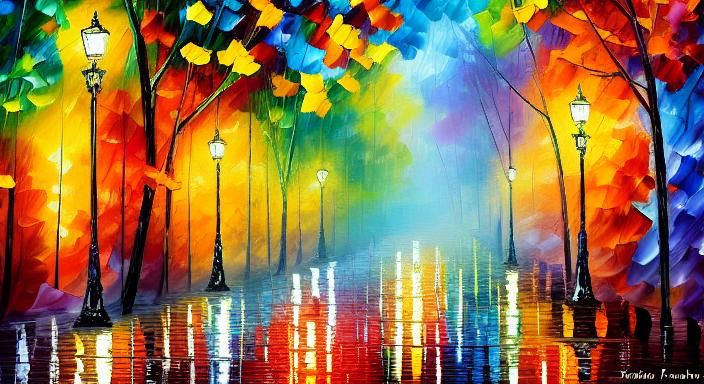 Vibrant Autumn Night in Park, Impasto Painting