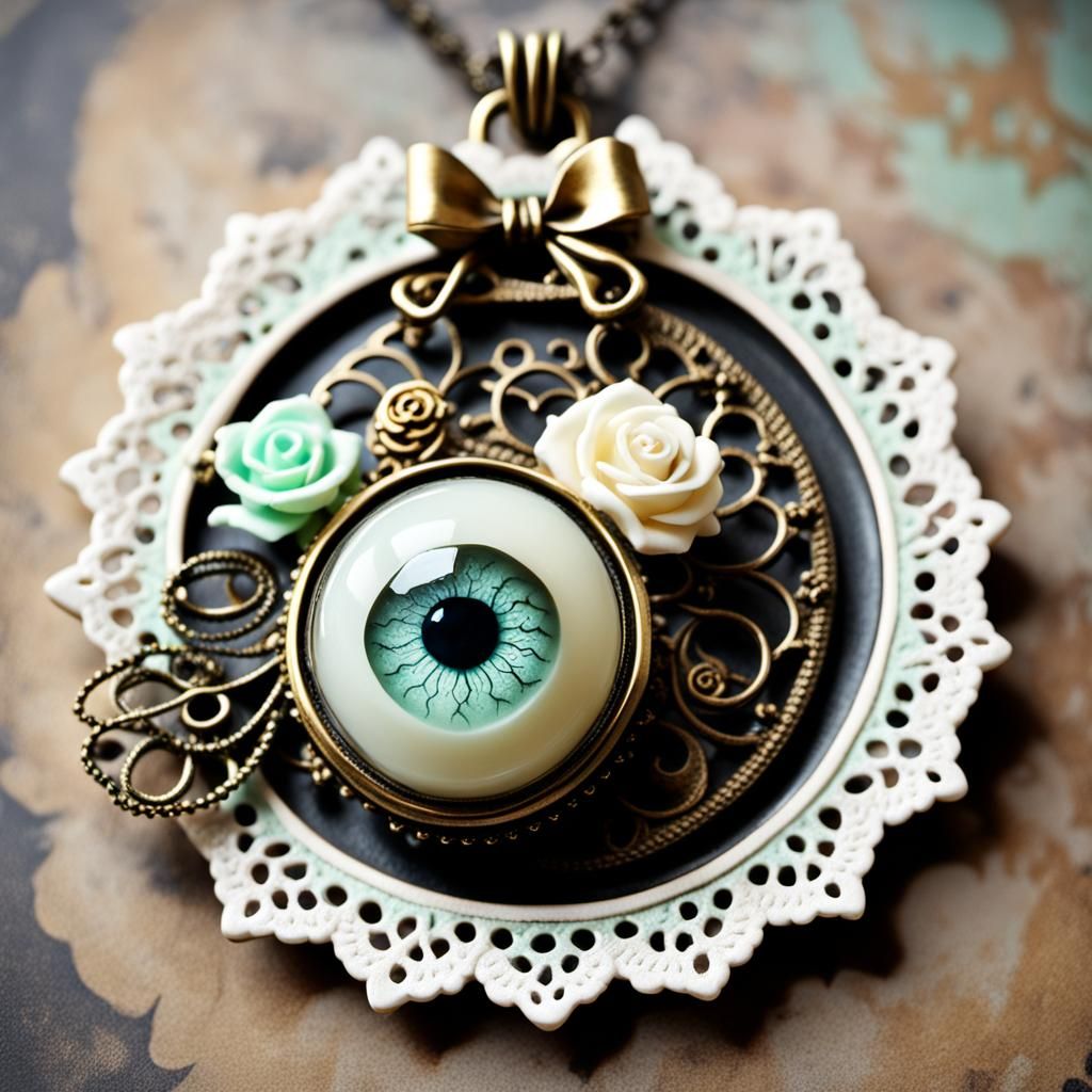 Victorian Eyeball Pendant with Rose on Brass Tray