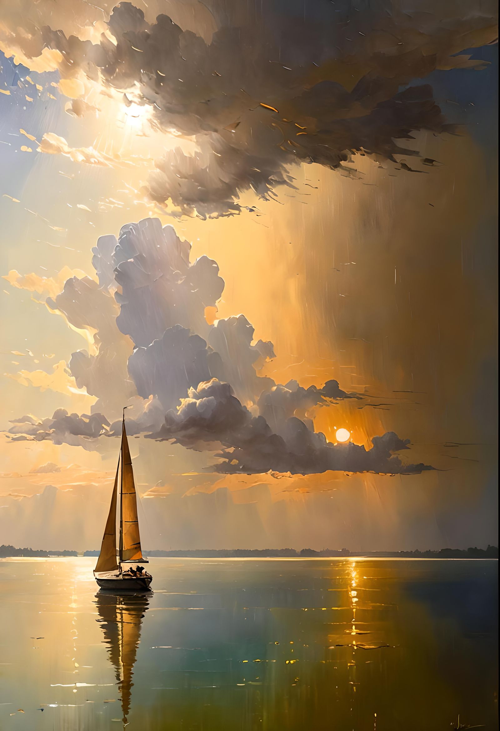 A Creole sailing pirogue skirts a sun shower on Pontchartrain