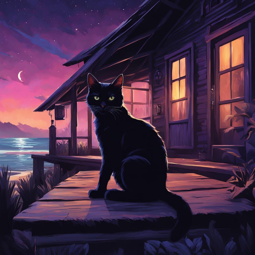 Fantasy Black Cat on Beach Cottage at Night