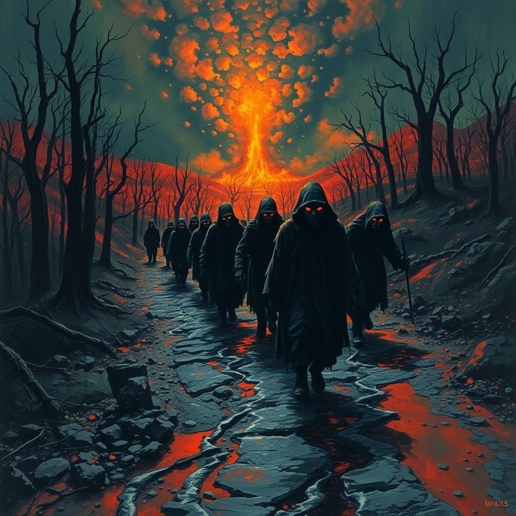 Hellish Actors in Expressionist Post-Apocalyptic Landscape