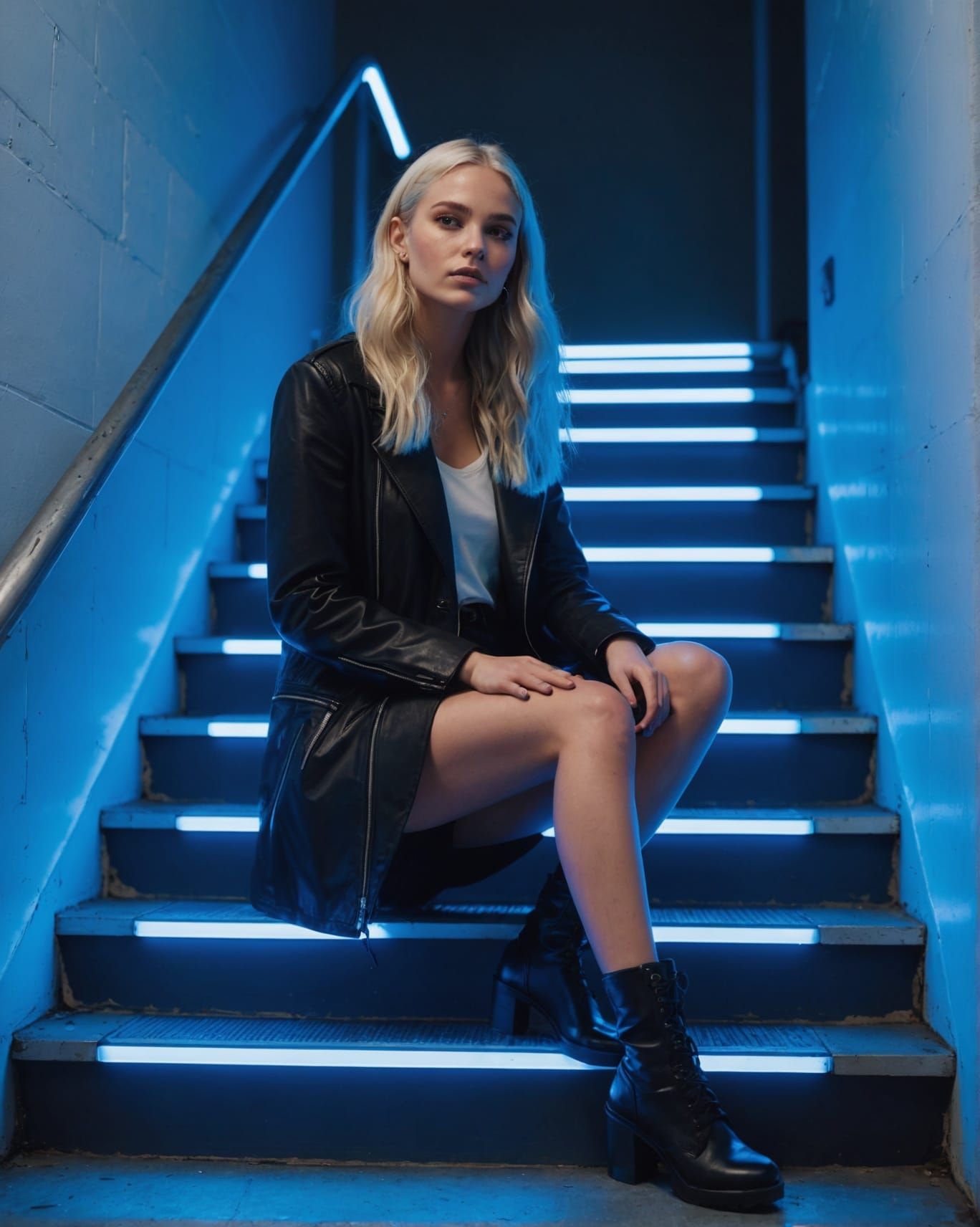 Neon Staircase Portrait in Hyperrealistic Style
