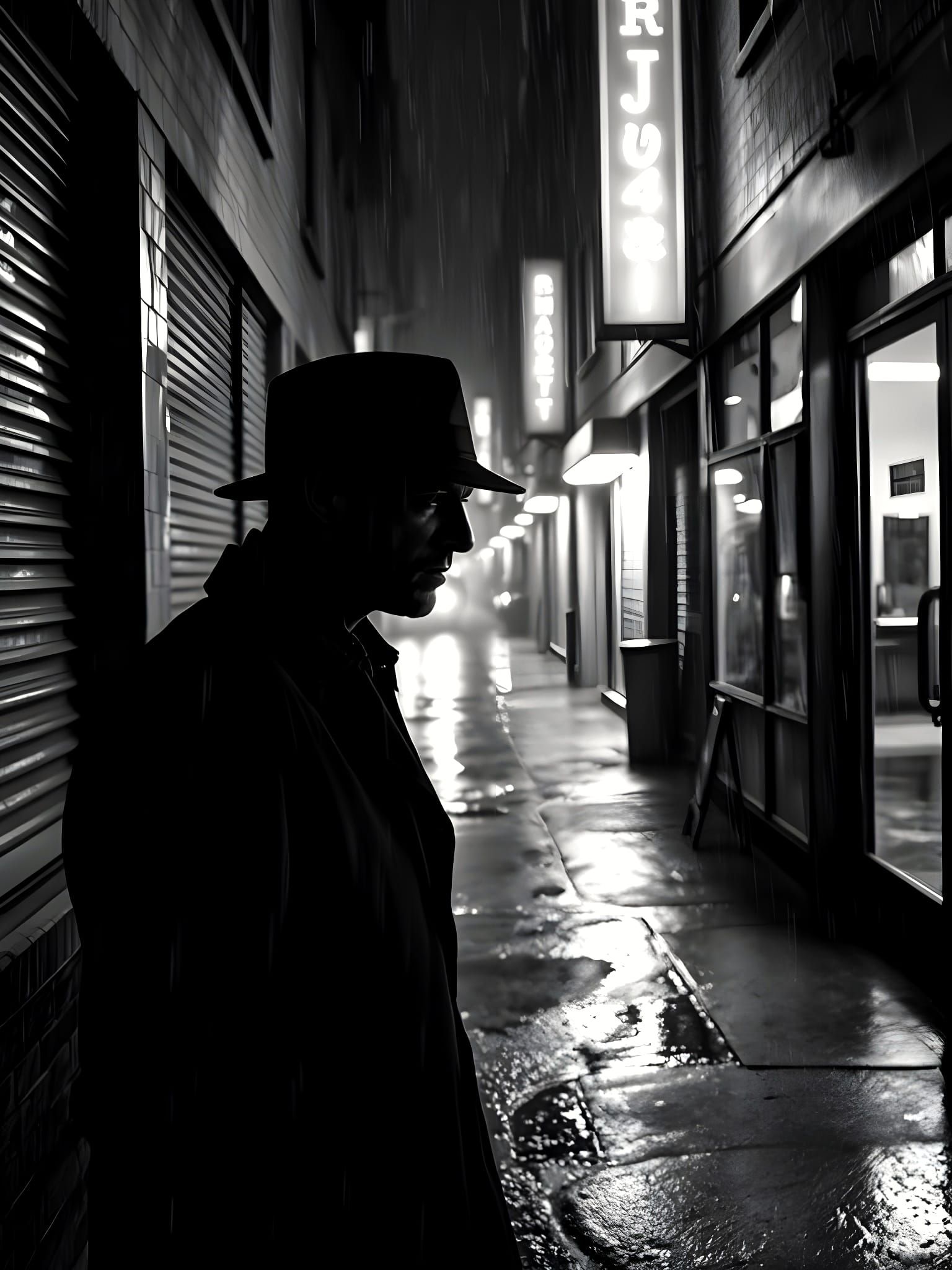 Film Noir Detective in Rainy Alley