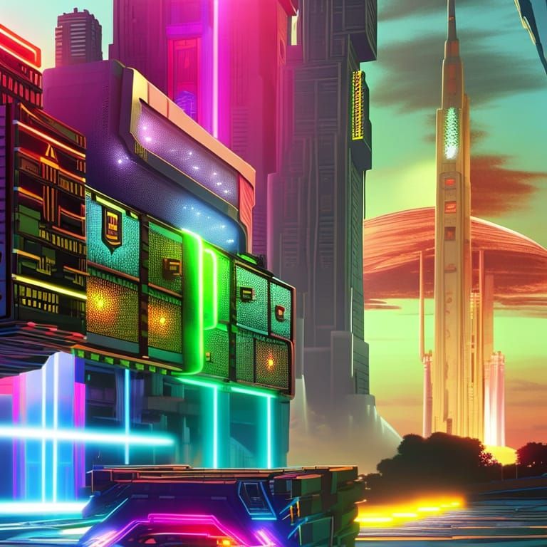 Synthwave Sunset: Distant Mech in Neon City