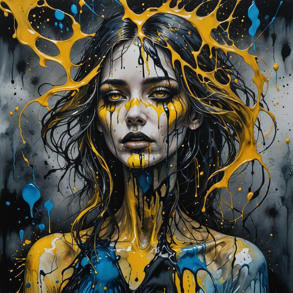 Surreal Woman with Colorful Tears as Mixed Media