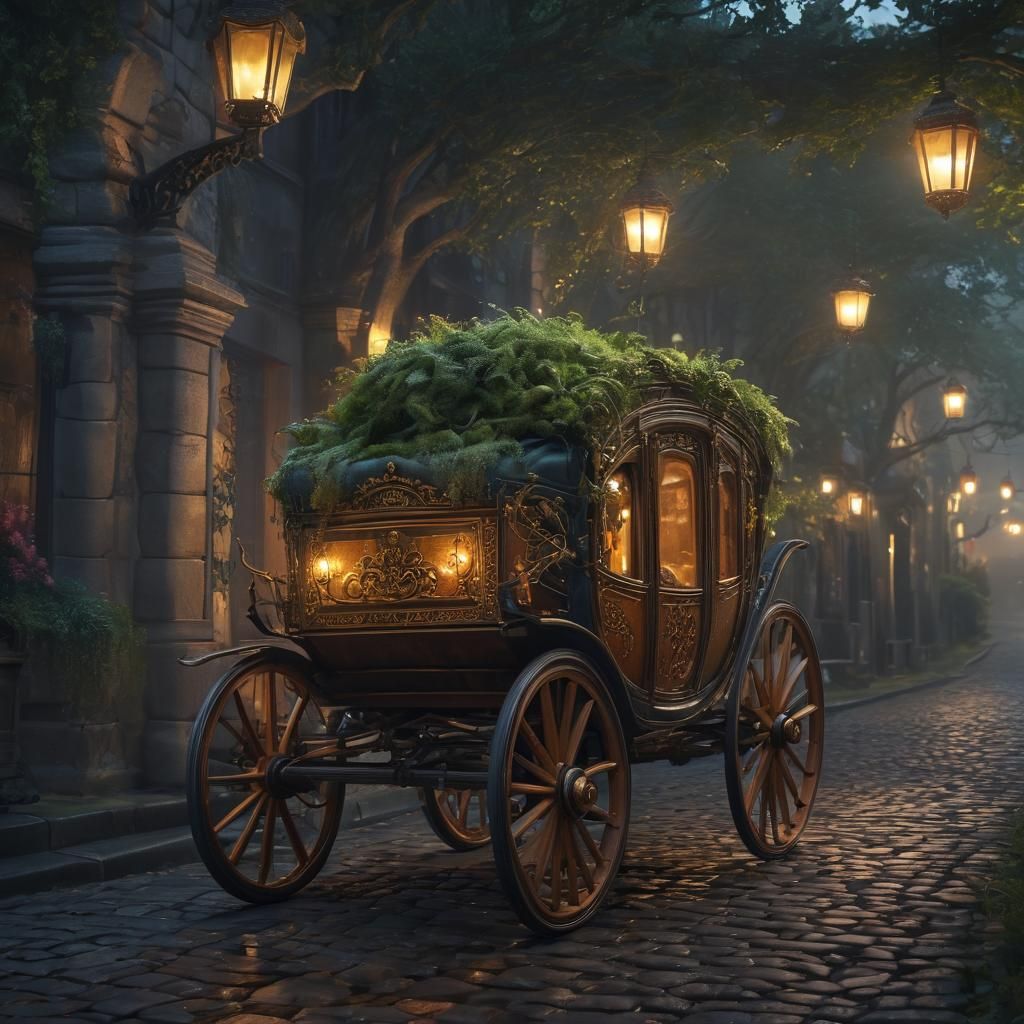 Enchanted Carriage on Cobblestone Road in Fantasy Art