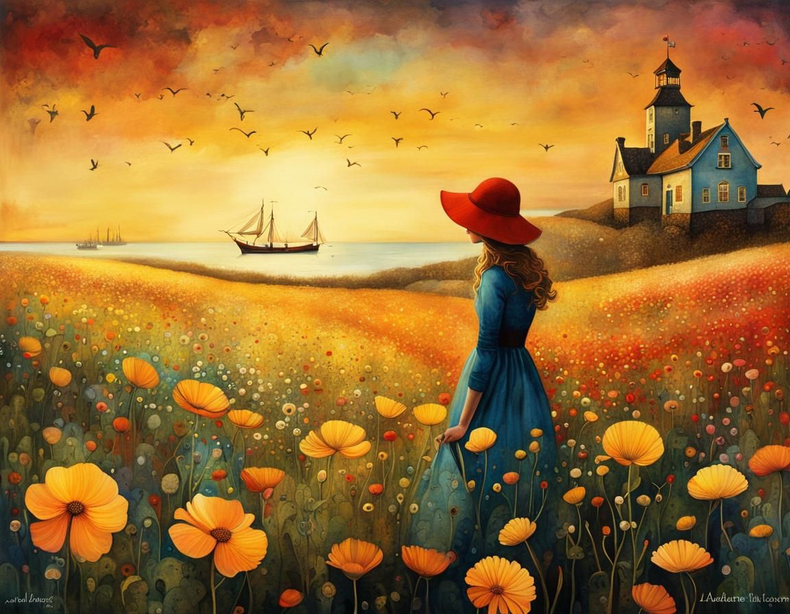 Surreal Flower Field Painting at Sunset