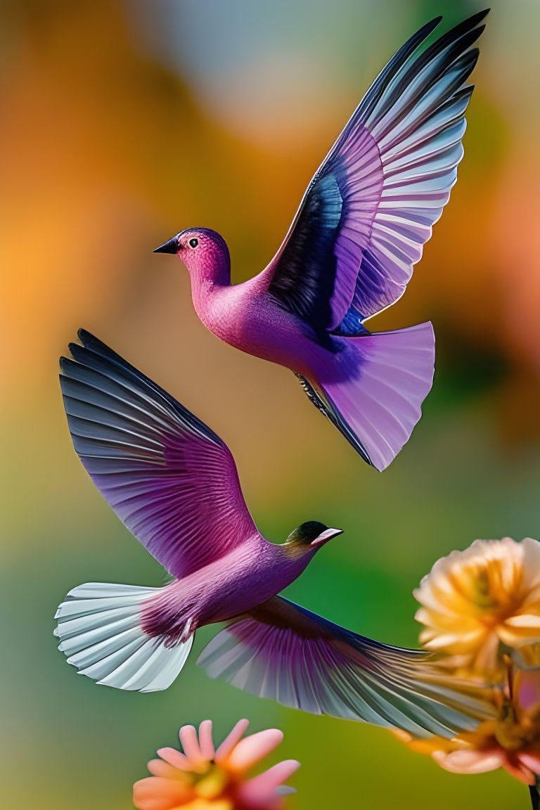 Pink Steampunk Birds in a Fanciful, Sunset-Lit Scene