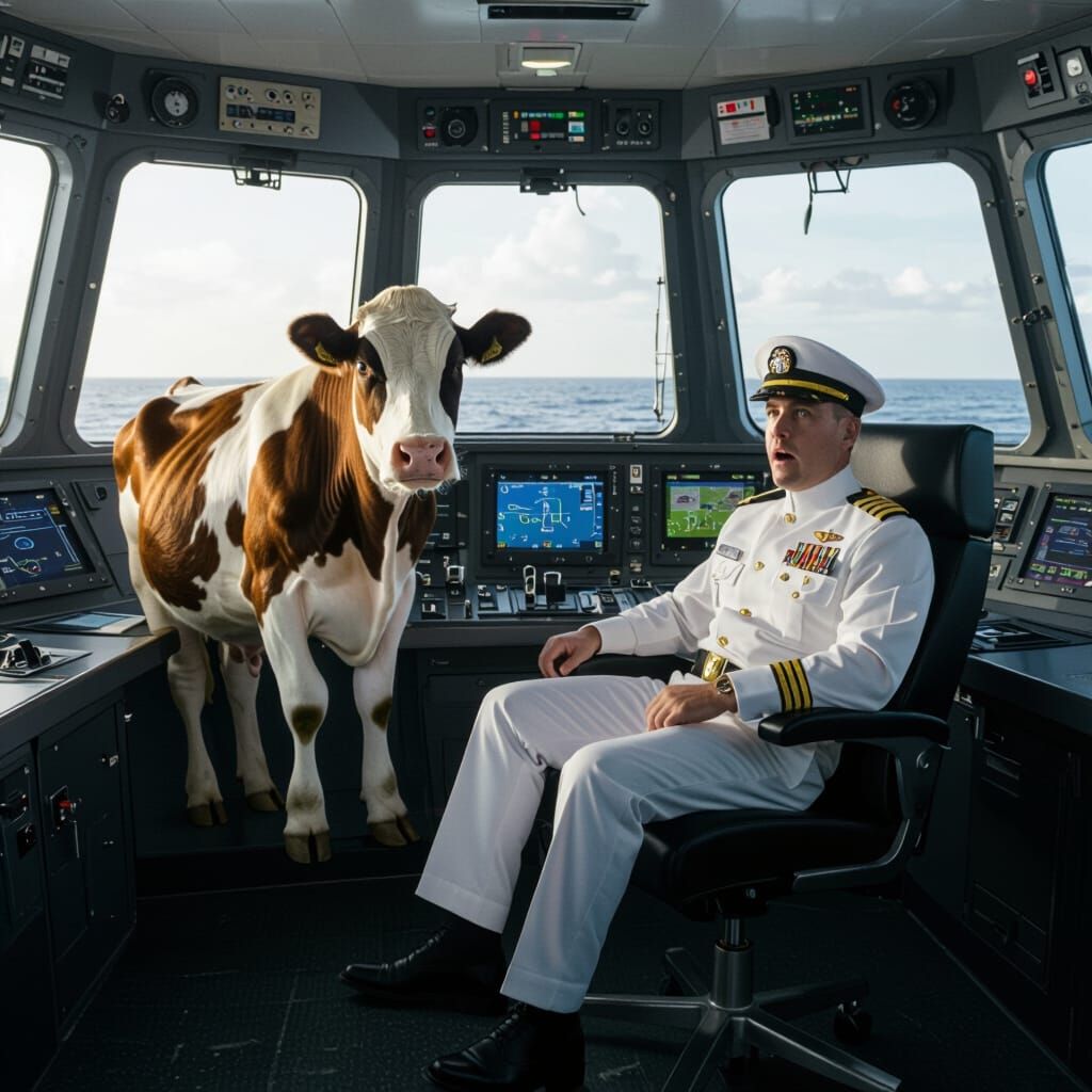 Surreal Cow Captain's Surprise in Ship Control Room