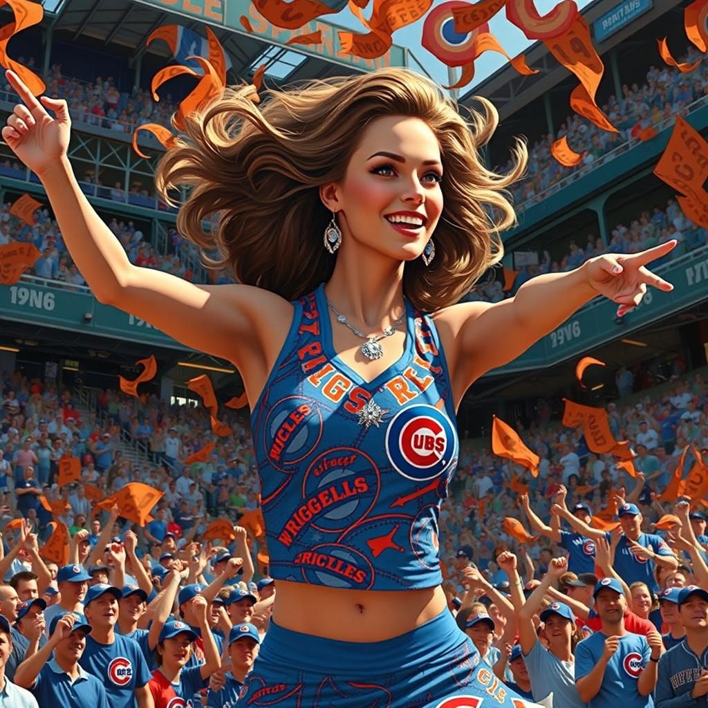 Chicago cubs cheerleader entertaining a baseball crowd in the Wrigley field ballpark
