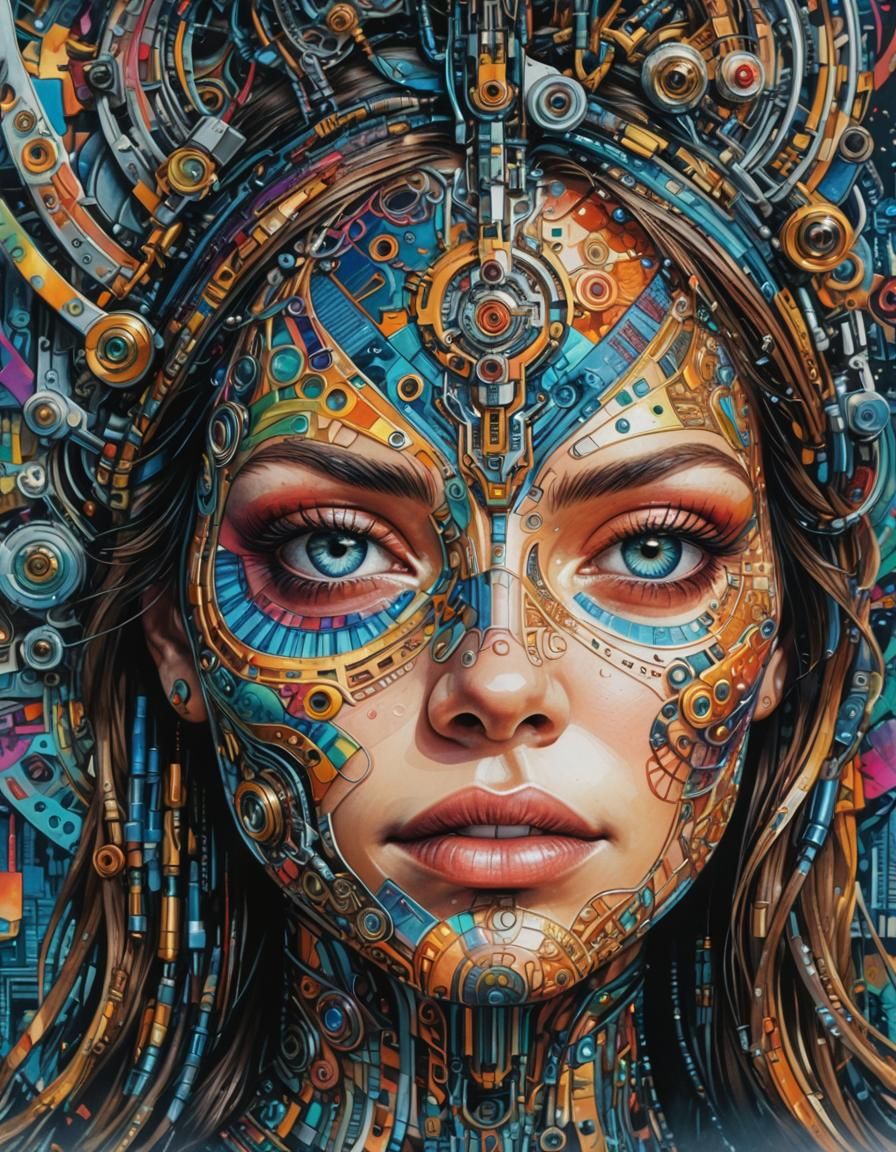 Analytical art, psychedelic art, a close-up of a woman's face covered in a multi-colored pattern.