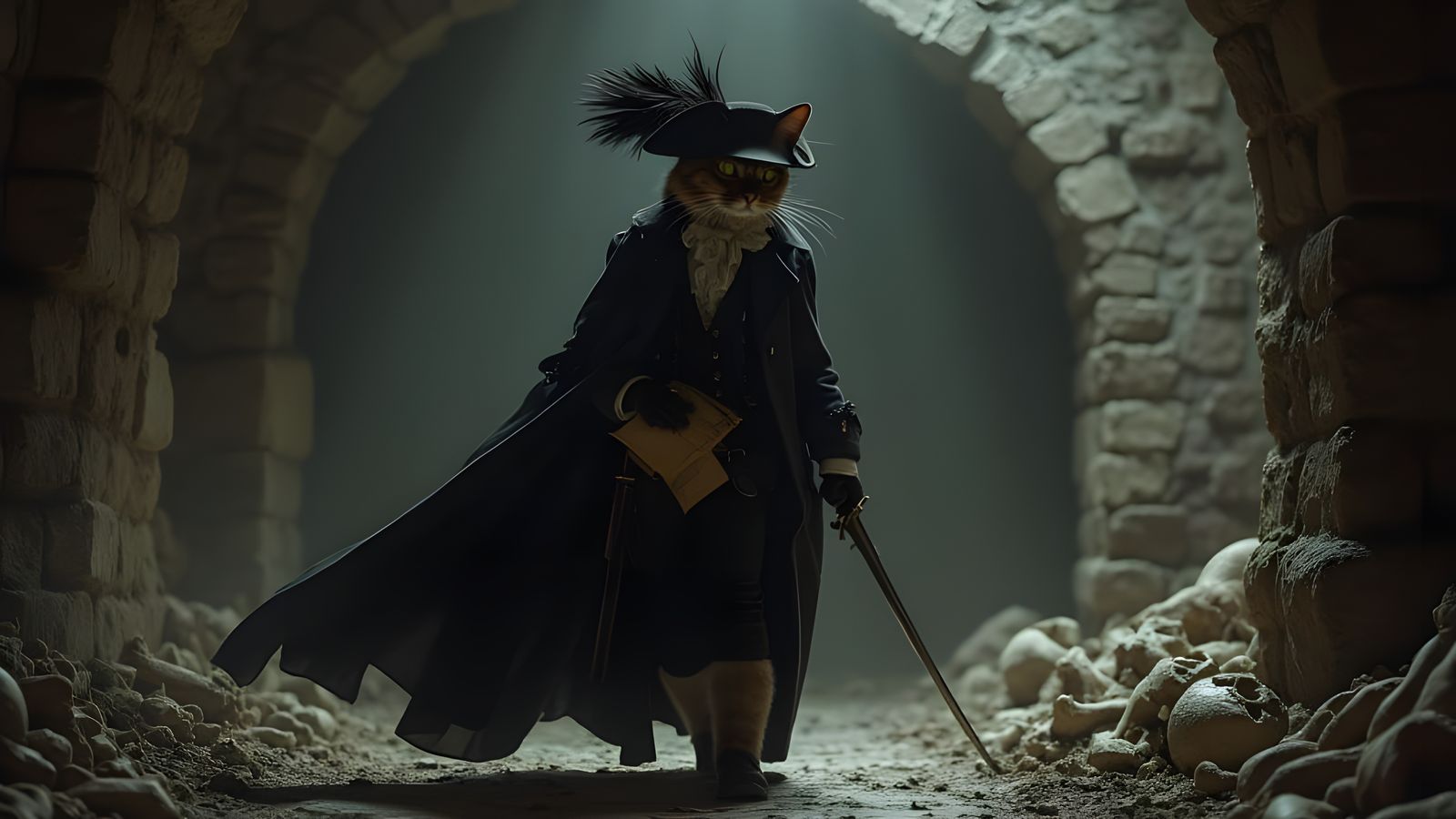 Elegant Cat Spy in Paris Catacombs