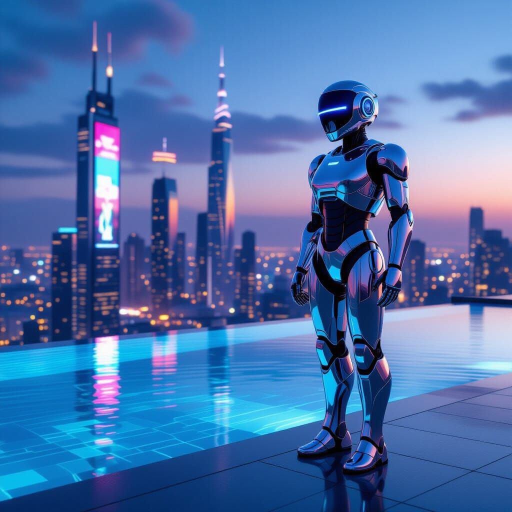 Chrome Robot at Futuristic Infinity Pool at Dusk