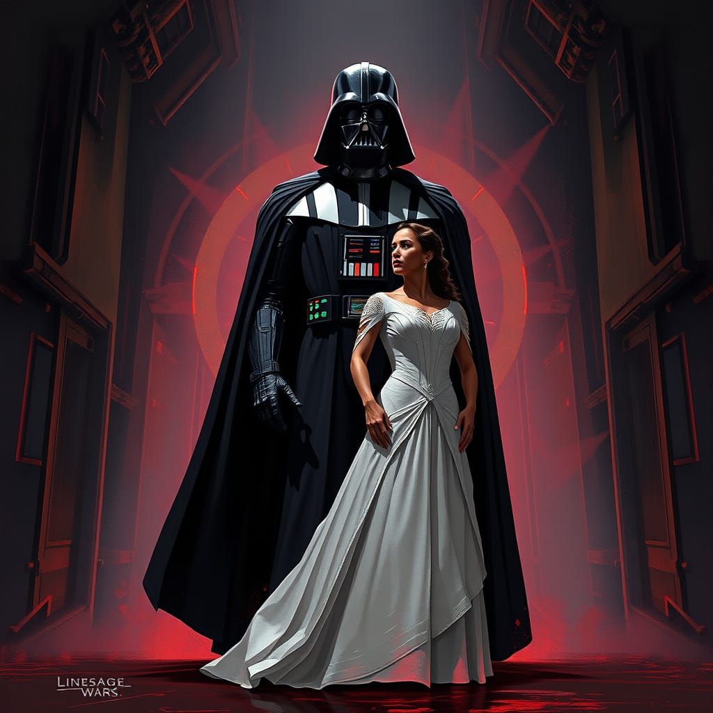 Darth Vader Towers Over Padmé Amidala in Dark, Gothic Scene