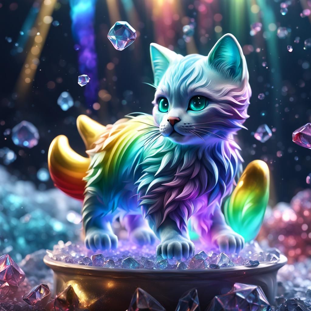 Rainbow Kitten Ice Sculpture in Detailed Matte Painting