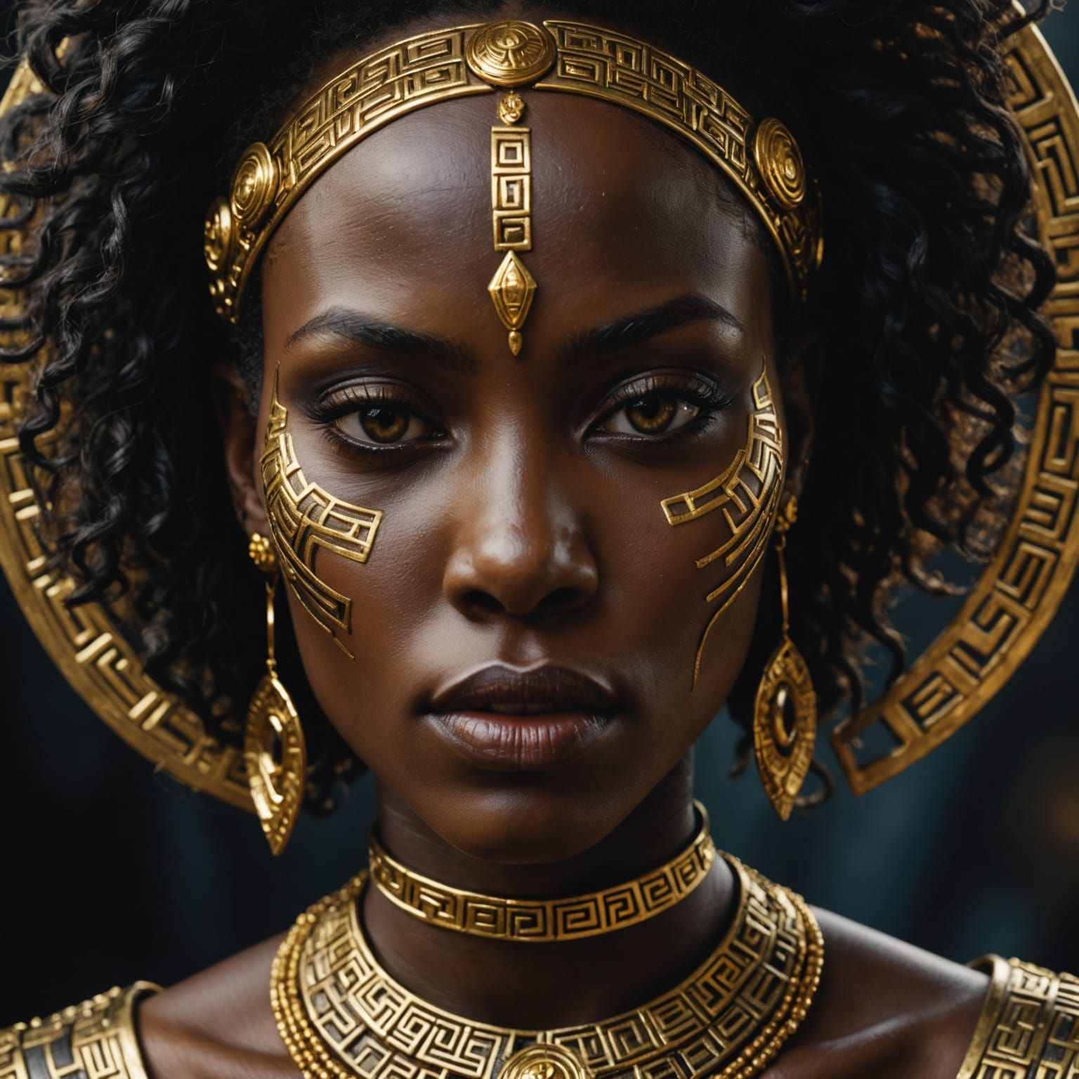 African Woman Portrait with Gold Tattoos and Yellow Eyes