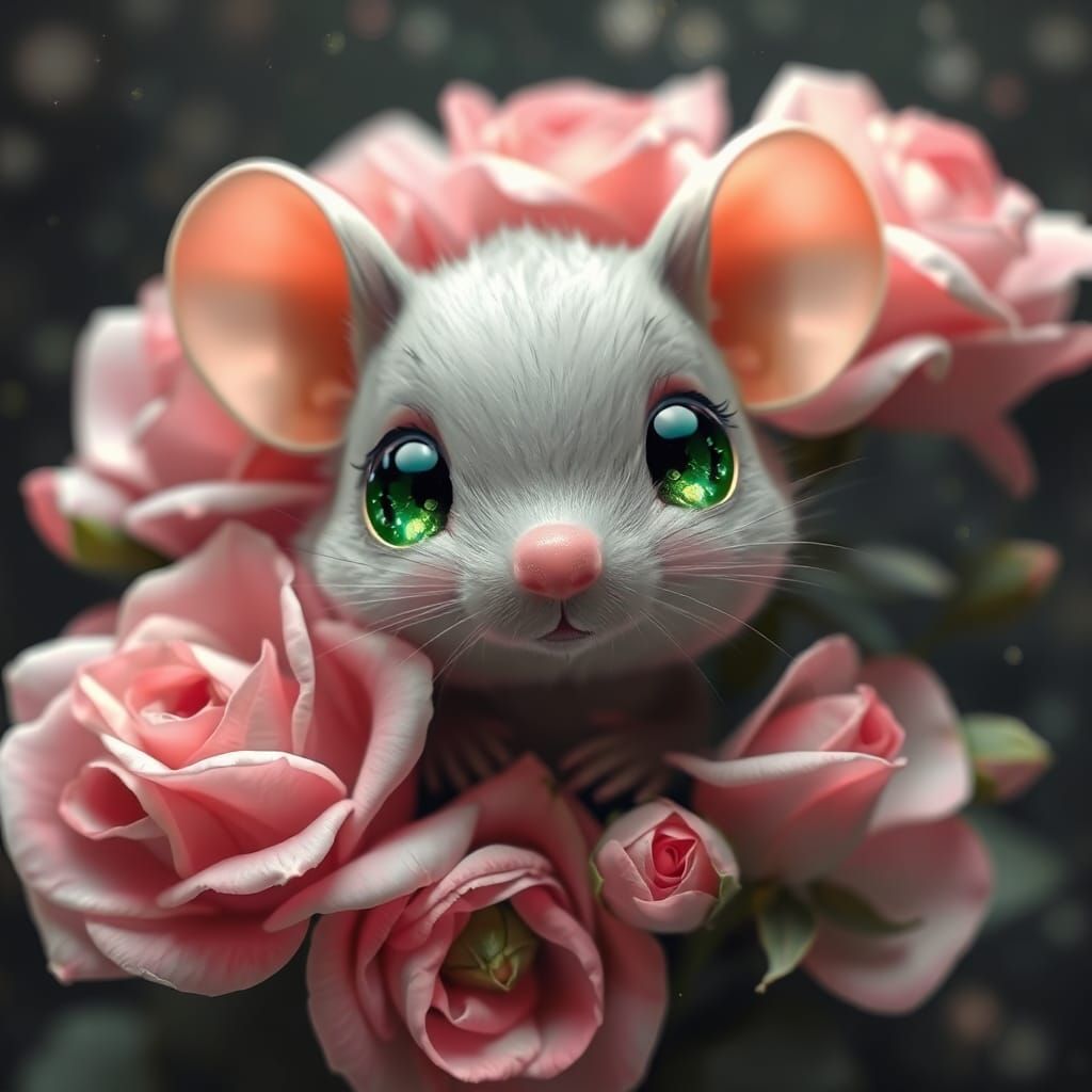 Mouse with Emerald Eyes in Rose Bouquet