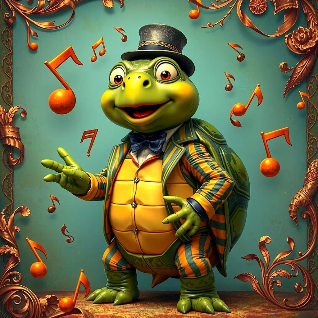Singing Turtle in Patchwork Dreamscape, 3D Rendered