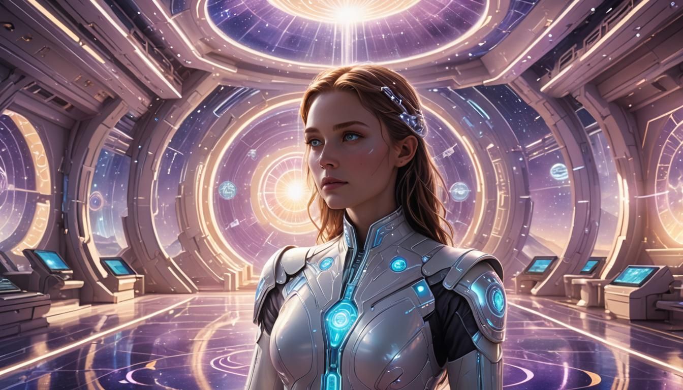 Luminous Being in Galactic Council Chamber: Futuristic Art