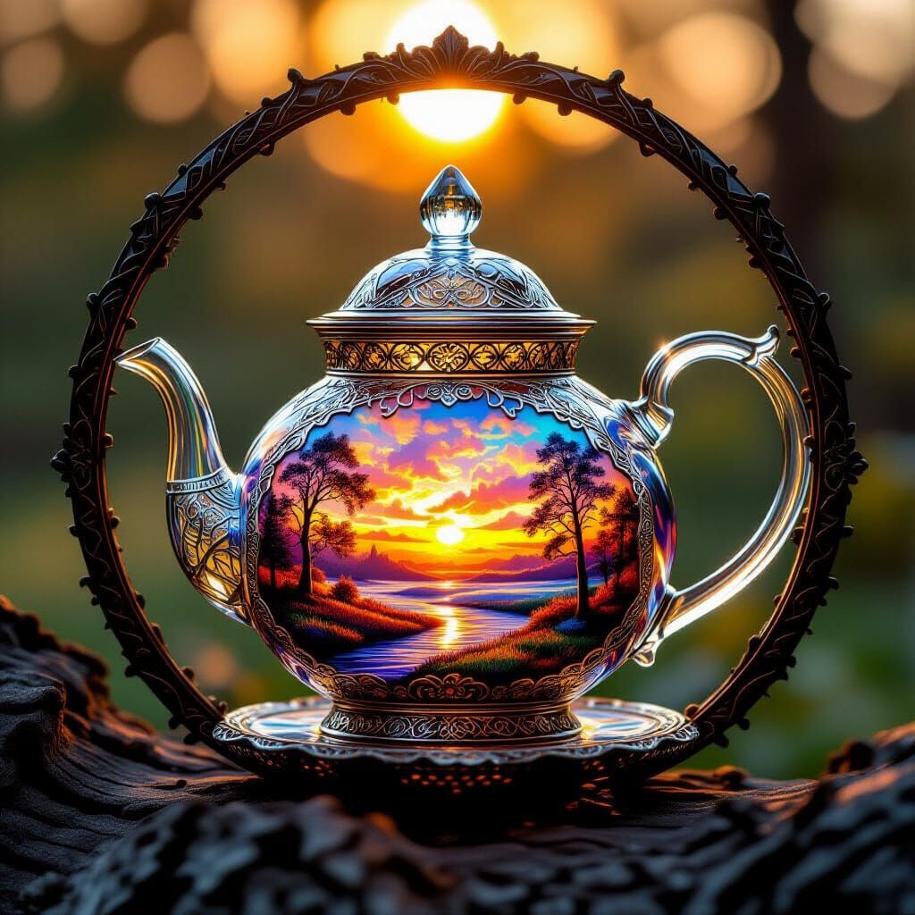 Fantasy Teapot With Fall Landscape In Stained Glass Style