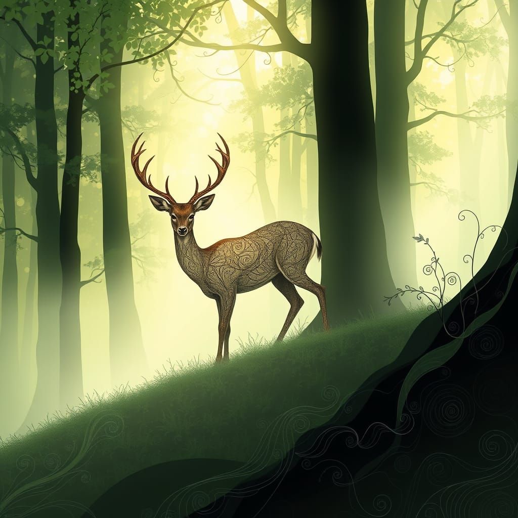 Serene Roe Deer in Art Nouveau-Inspired Misty Forest Scene