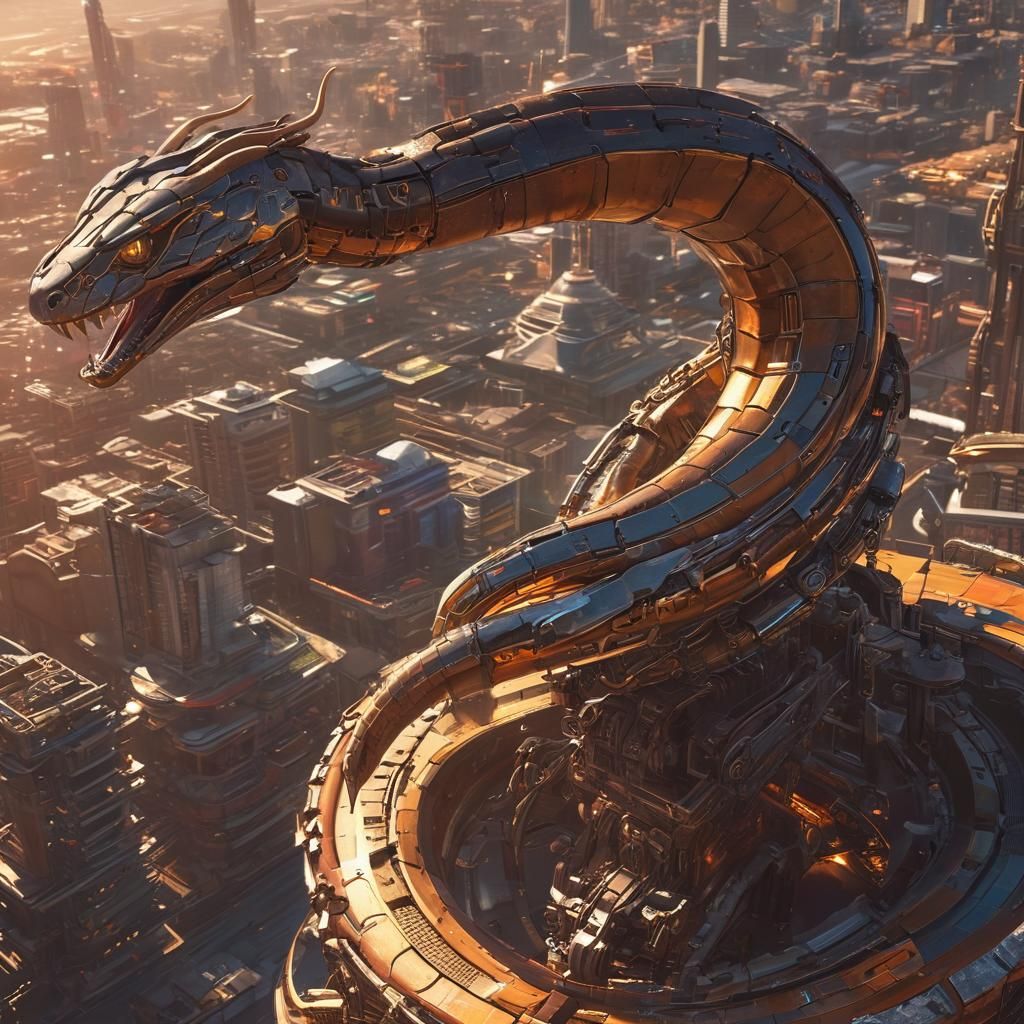 Mechanical Snake King in Futuristic Cityscape