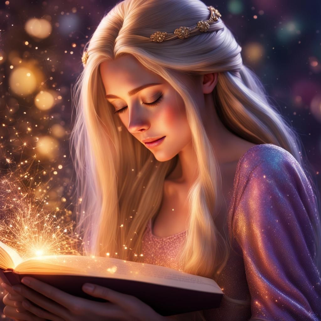 Rapunzel Reading a Magical Book: Hyperrealistic Art