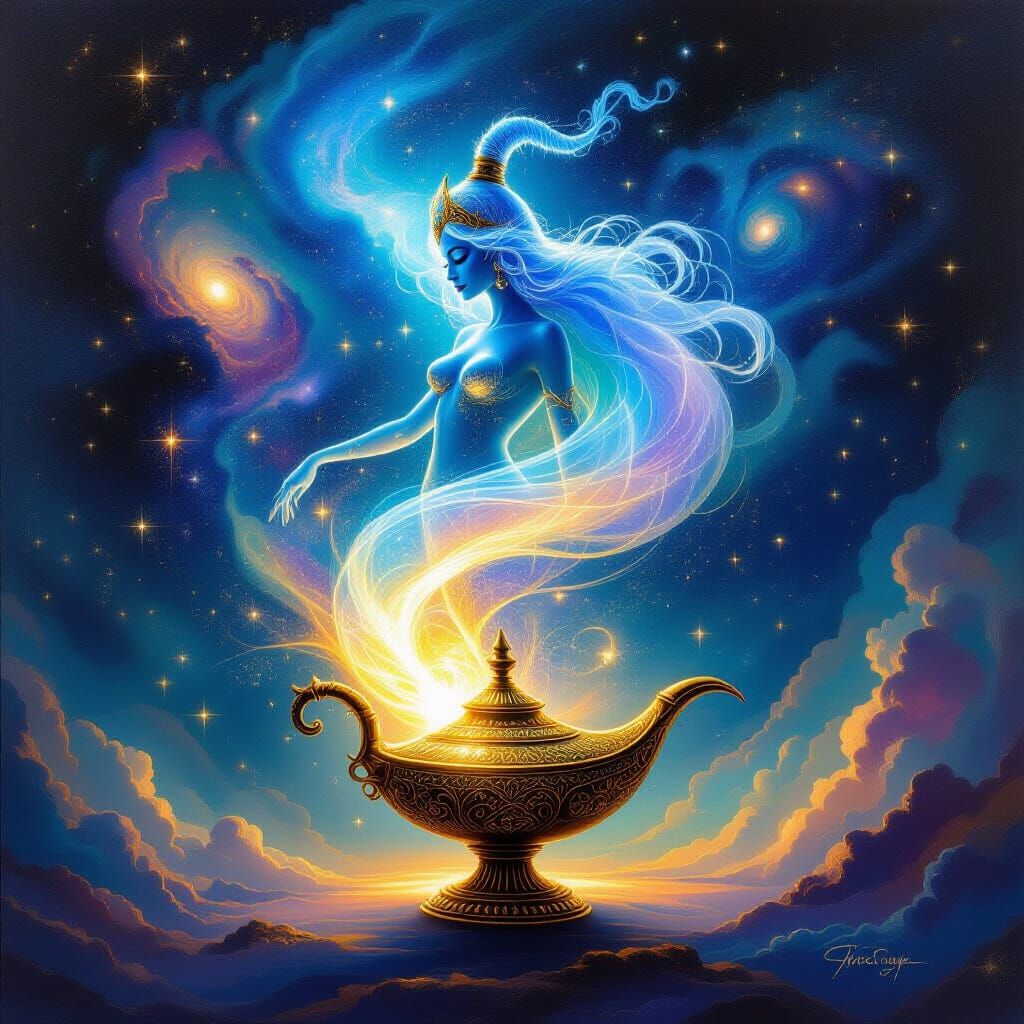 Genie Emerges from Ornate Lamp Amidst Cosmic Nebulae