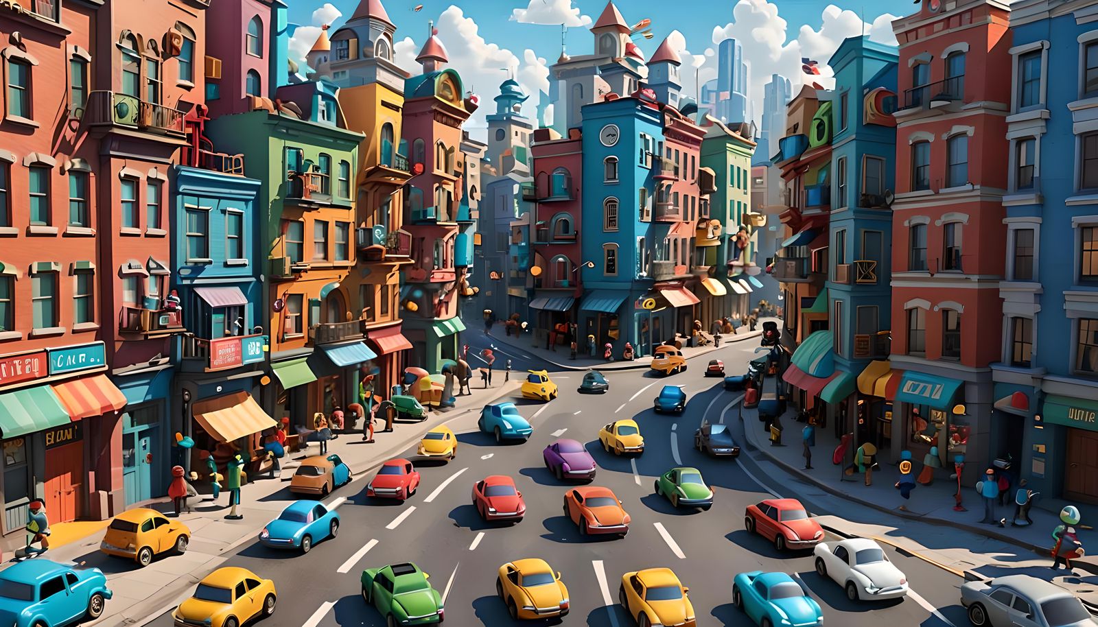 Colorful Toy City with Robots in 3D Style