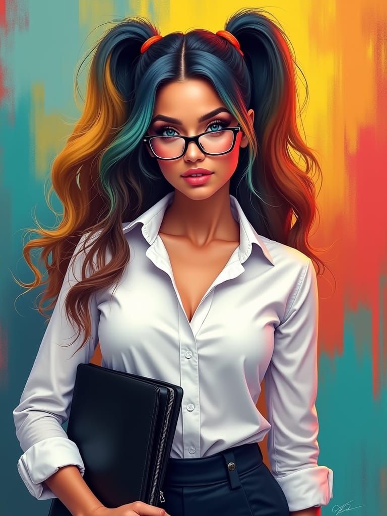 Vibrant Digital Portrait of a Stylish Assistant