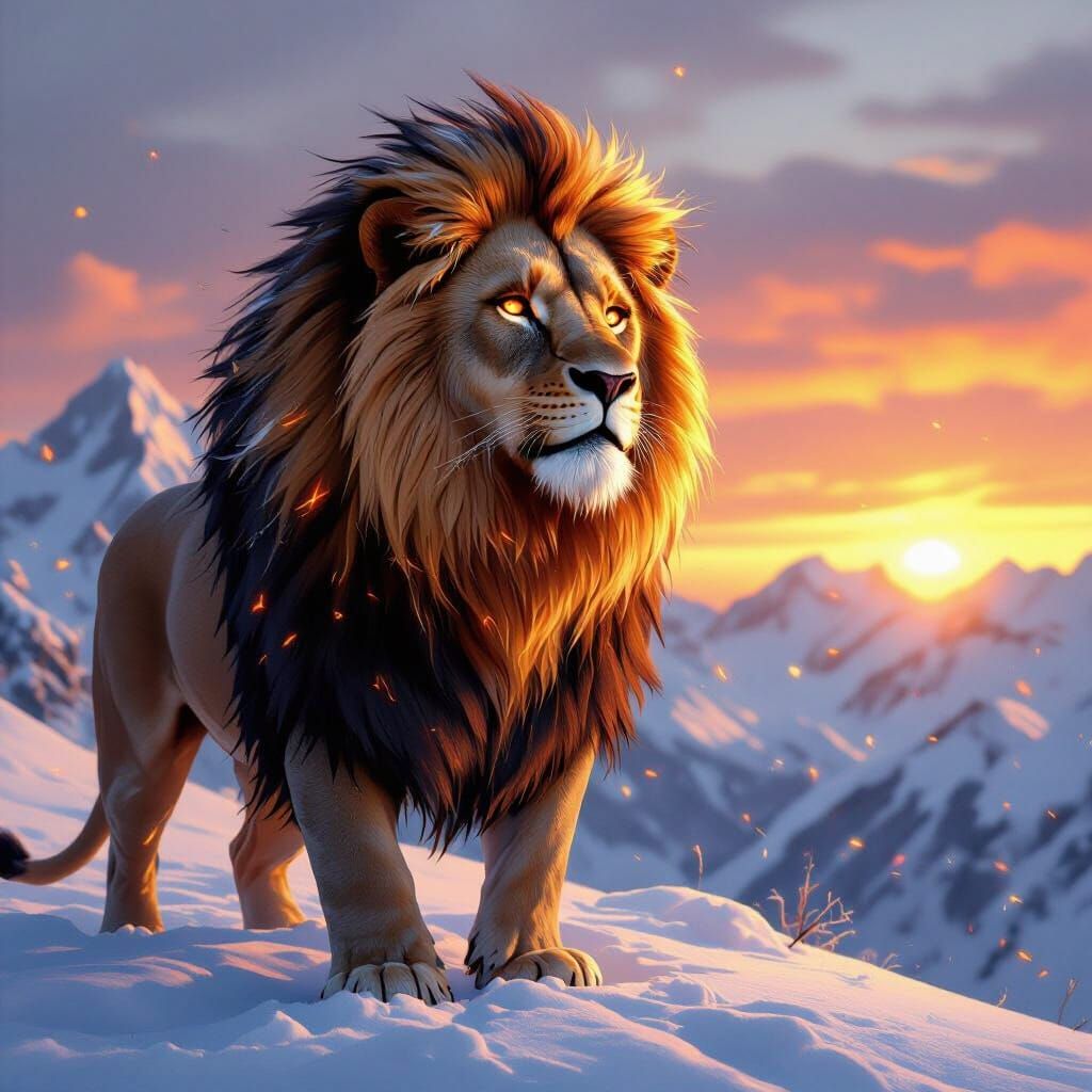 Lion with Fiery Mane on Snowy Mountain