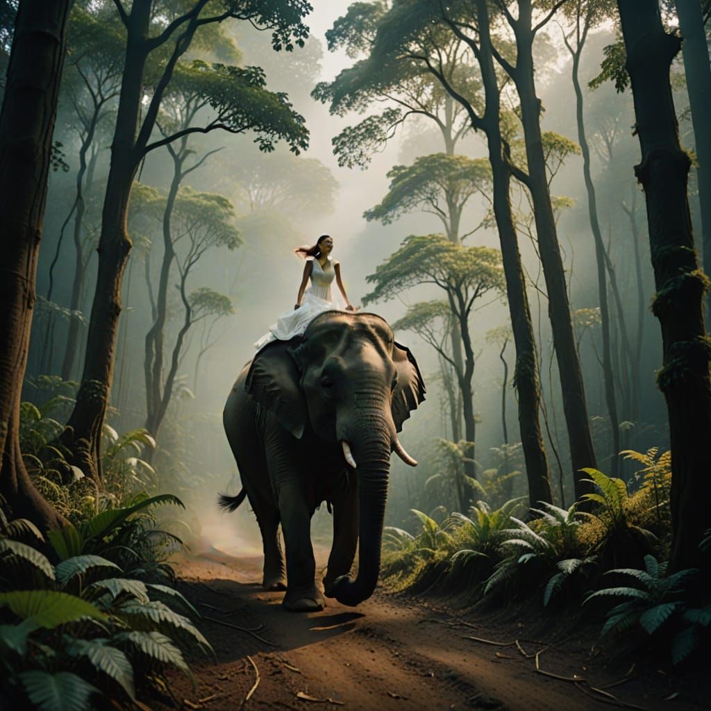 Ethereal Quest: A Woman Rides an Elephant Through Misty Moun...