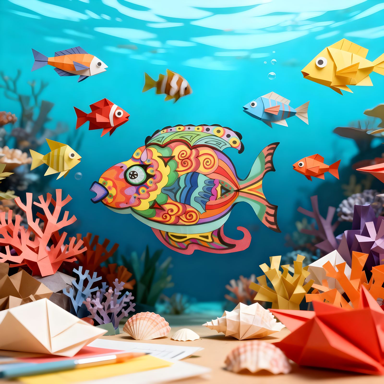 Origami Paper Fish in Brightly Lit Underwater Scene